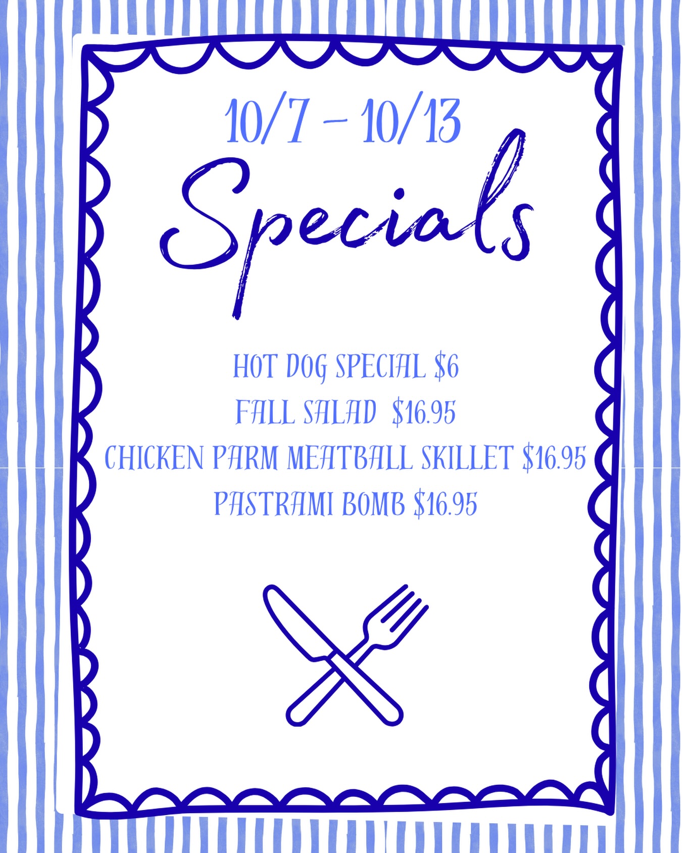 WEEKLY SPECIALS ARE HERE!🌭 Hot Dog Special — $6.00
2 Kayem all-beef hot dogs with potato chips. Sub fries +$1!🥗 Fall Salad — $16.95
Roasted sweet potatoes, bacon, feta, red onion, tomatoes & dried cranberries over little leaf. Add your favorite protein!Chicken Parm Meatball Skillet — $16.95
Hand-packed chicken meatballs, homemade marinara & melted mozzarella. Perfect for sharing or as a meal!🥪 Pastrami Bomb — $16.95
Lean pastrami, caramelized onions, mushrooms, hots, American cheese & potato chips on a sub roll. Served with one sandwich side!See you soon